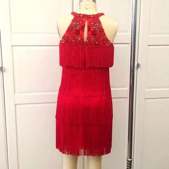 ❤💃 Aidan Mattox Red Fringe Embellished High Neck Dress💃 - Picture 3 of 11